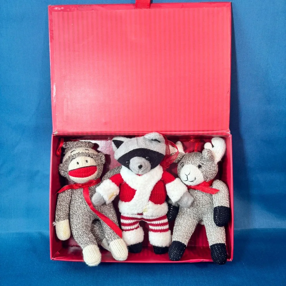 Midwest Cannon Falls Knit Christmas Ornaments Sock Monkey Moose Raccoon Lot of 3